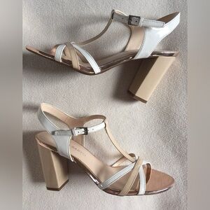New Franco Sarto Ebba White & Tan Beige Patent T Strap Sandals Heels sz 9M